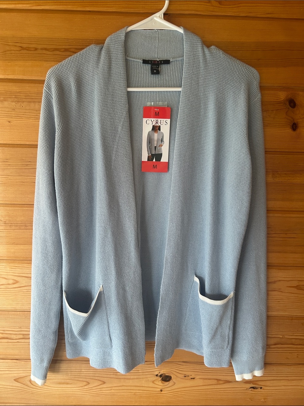 Cyrus Light Blue Open-Front Cardigan with Pocket Trim